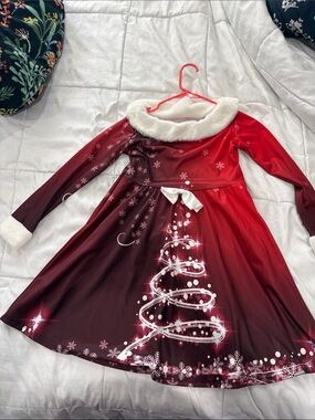 Girls' Red Holiday Tree Dress with Faux Fur Collar
